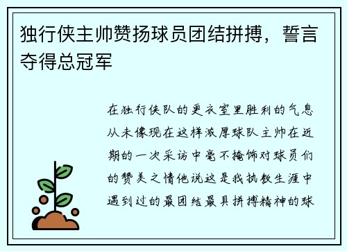 独行侠主帅赞扬球员团结拼搏，誓言夺得总冠军